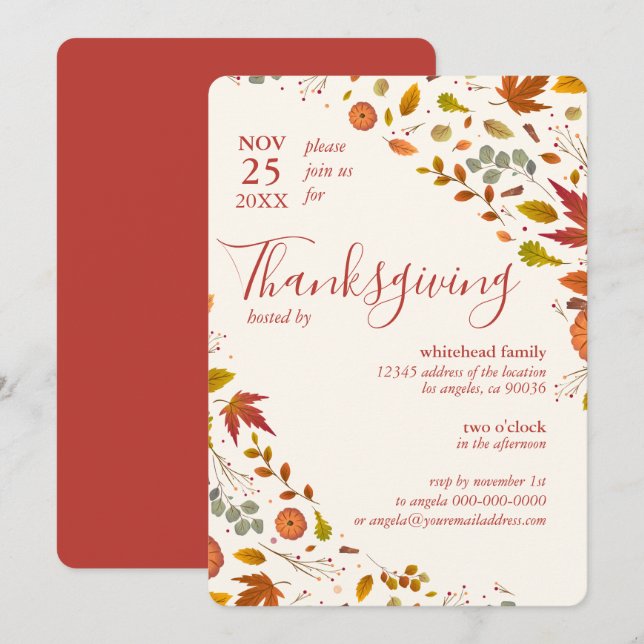Thanksgiving Fall Leaf Pumpkin Corners Invitation (Front/Back)