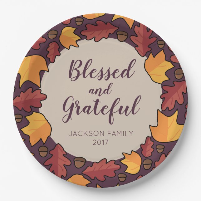 Thanksgiving Fall Leaves Blessed Grateful Paper Plate (Front)