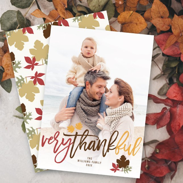 Thanksgiving Fall Leaves Brushed Script Photo Holiday Card (Creator Uploaded)