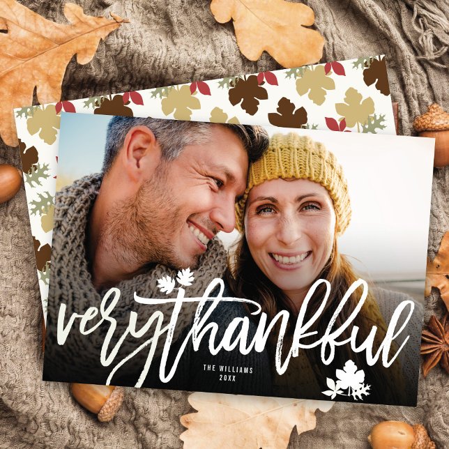 Thanksgiving Fall Leaves Brushed Script Photo Holiday Card (Creator Uploaded)
