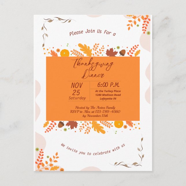 Thanksgiving Fall Leaves Dinner Invitation Postcard (Front)