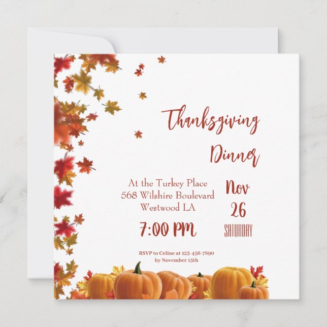 Thanksgiving Fall Leaves Pumpkin Dinner Invitation (Front)