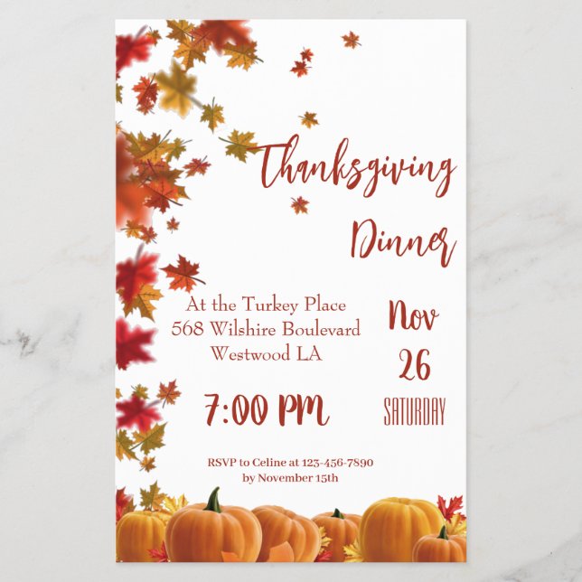 Thanksgiving Fall Leaves Pumpkin Dinner Invitation Flyer (Front)