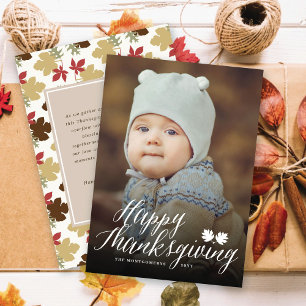 Thanksgiving Fall Leaves Simple Script Photo Holiday Card