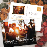 Thanksgiving Fall Leaves Simple Script Photo Holiday Postcard<br><div class="desc">'Happy Thanksgiving' Autumn/Fall Leaves Silhouette Modern And Trendy White Script Calligraphy Photo Double Sided Holiday Postcard. The matching back features a snapshot photo and your own personalised text / messages. The base background can be changed to any colour of your choice. Designed / original artwork by fat*fa*tin. Easy to personalise...</div>