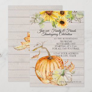 Thanksgiving Fall Sunflower Leaf n Wood Pumpkins Invitation