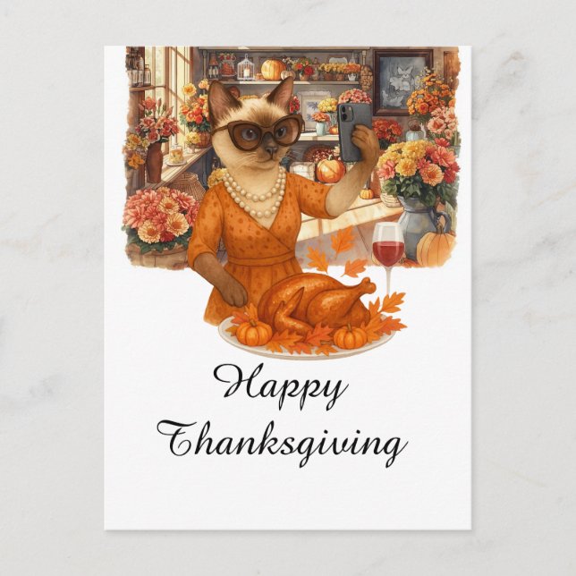 Thanksgiving Fall themed Cat Loves taking photo Holiday Postcard (Front)