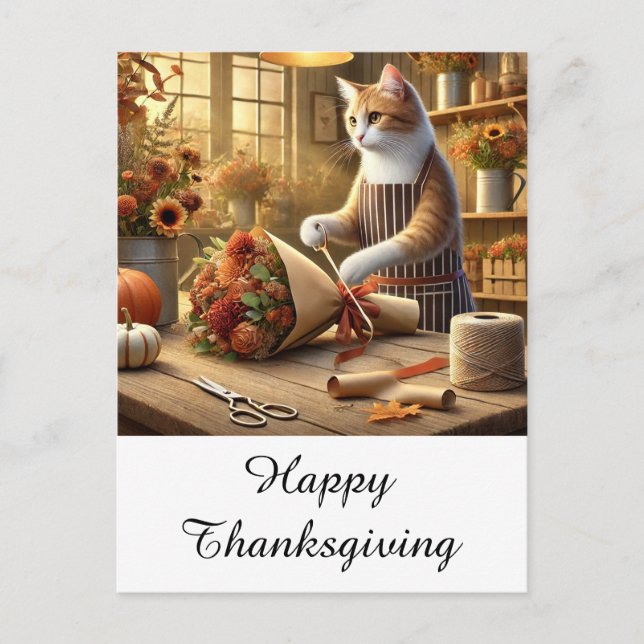 Thanksgiving Fall themed for Cat Lovers  Holiday Postcard (Front)