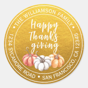 Thanksgiving Family Name Return Address Gold Classic Round Sticker