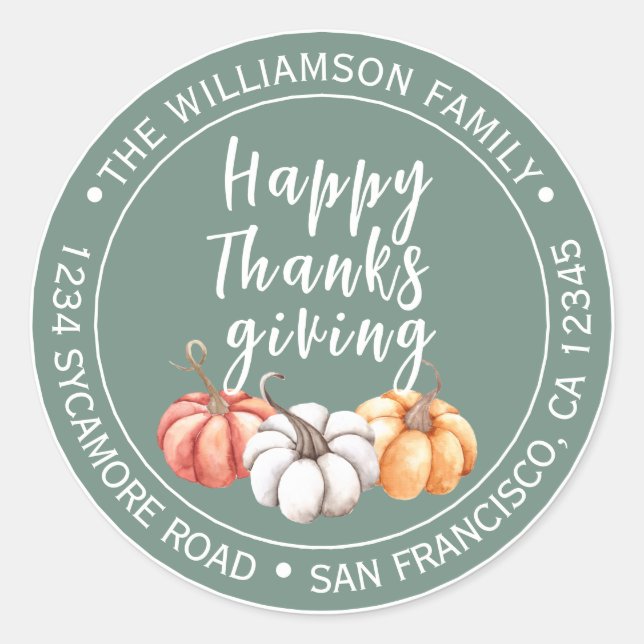 Thanksgiving Family Name Return Address Green Classic Round Sticker (Front)
