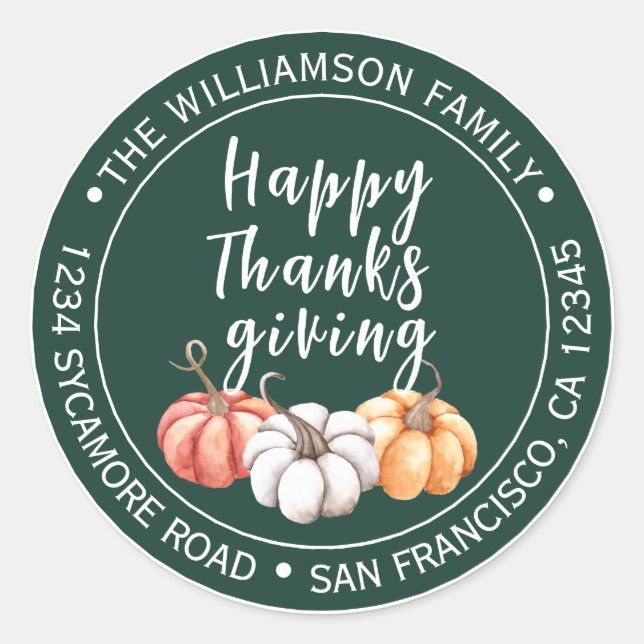 Thanksgiving Family Name Return Address Green  Classic Round Sticker (Front)