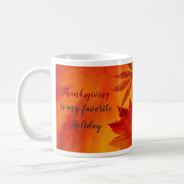Thanksgiving Favourite Holiday Red Orange Leaves Coffee Mug (Left)