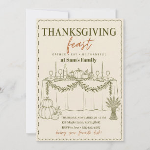 Thanksgiving Feast Olive Line Art Dinner Table Invitation