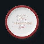 Thanksgiving Feast Paper Plate<br><div class="desc">Serve up Thanksgiving goodies on these festive paper plates in fall shades of garnet and pumpkin. Design features a dark red border with your names,  the year,  and "Thanksgiving feast" in trendy block and script typography with an acorn illustration.</div>