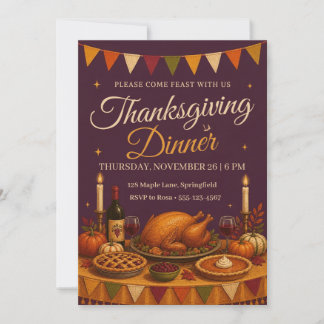 Thanksgiving Feast Table Bunting Plum Dinner Invitation