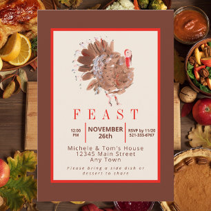 Thanksgiving Feast Watercolor Turkey Elegant Party Invitation
