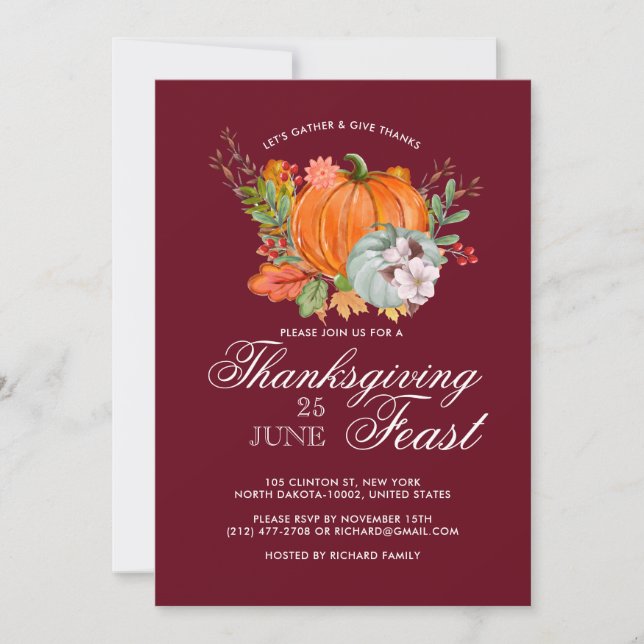 Thanksgiving Fest Dinner Rustic Pumpkin Red Invitation (Front)