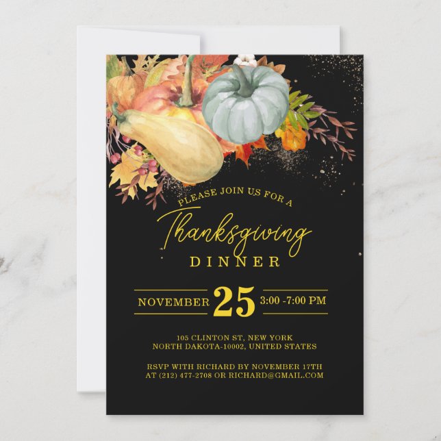 Thanksgiving Fest Friends Dinner Pumpkin Black Invitation (Front)