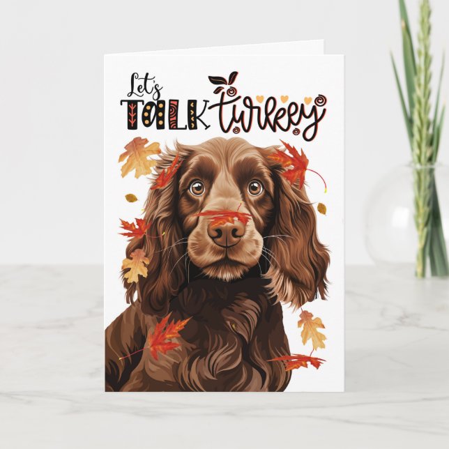 Thanksgiving Field Spaniel Dog Talk Turkey Holiday Card (Front)