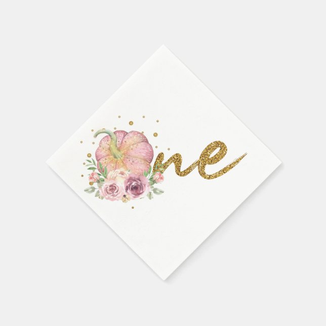 Thanksgiving First Birthday Pumpkin Pink Gold Napkin (Corner)