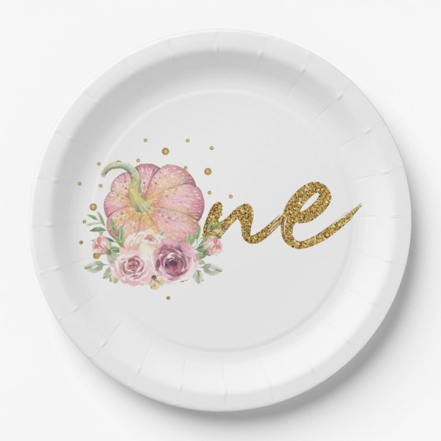 Thanksgiving First Birthday Pumpkin Pink Gold Paper Plate (Front)