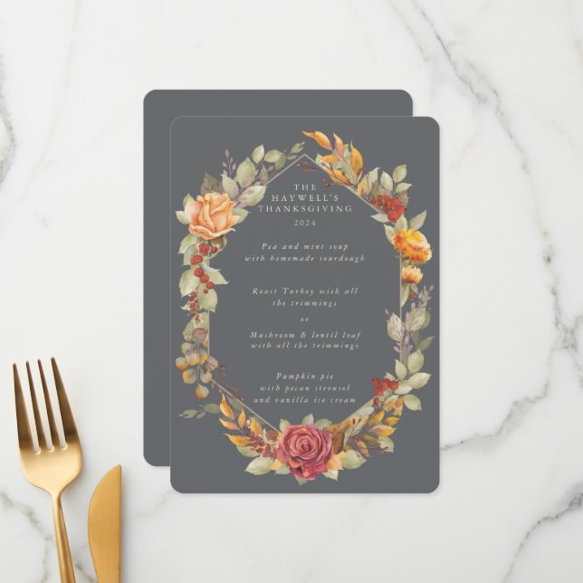 Thanksgiving Floral Frame Flat 3 Course Menu (Front/Back In Situ)