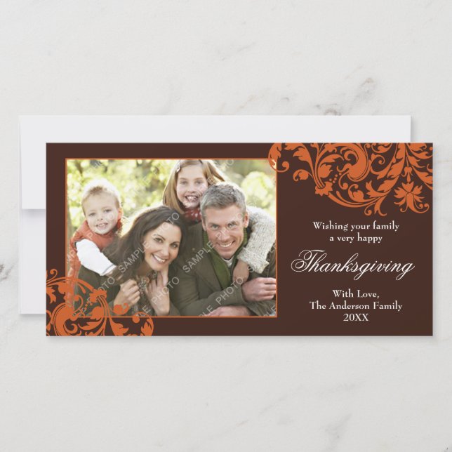 Thanksgiving Flourish Swirls Orange and Brown Holiday Card (Front)