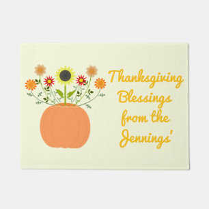 Thanksgiving Flowers in Pumpkin Custom Message Doormat