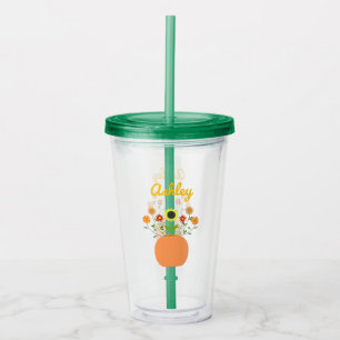 Thanksgiving Flowers in Pumpkin Custom Name Acrylic Tumbler