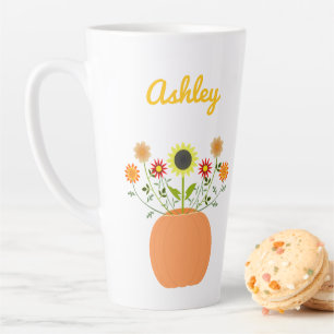 Thanksgiving Flowers in Pumpkin Custom Name Latte Mug