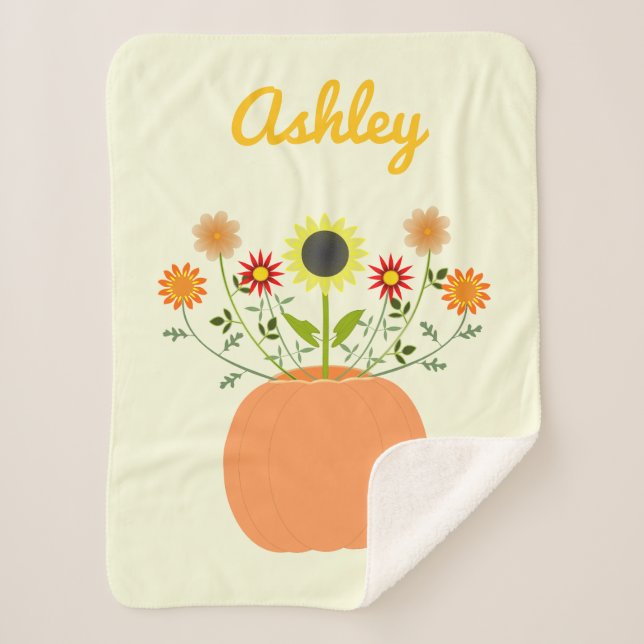 Thanksgiving Flowers in Pumpkin Custom Name Sherpa Blanket (Front)