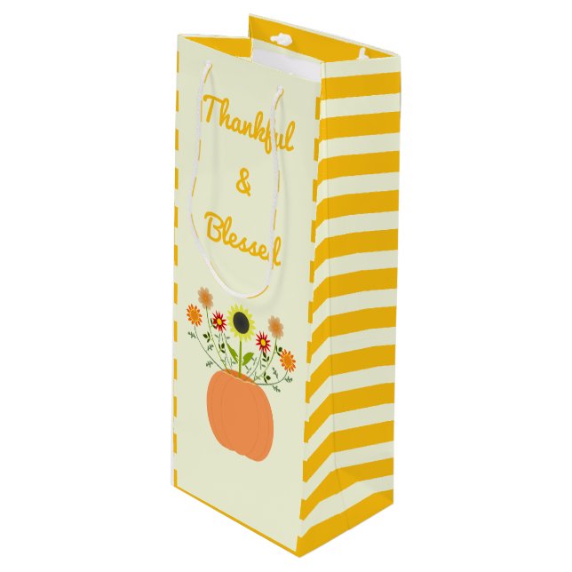 Thanksgiving Flowers in Pumpkin Custom Wine Gift Bag (Front Angled)