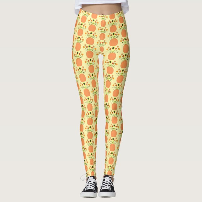 Thanksgiving Flowers in Pumpkin Patterned Leggings (Front)