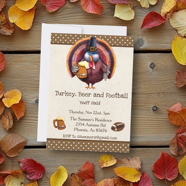 Thanksgiving Football Turkey Beer Funny Invitation (Creator Uploaded)