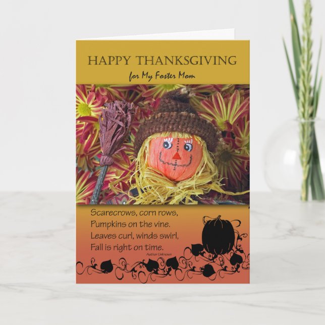 Thanksgiving for Foster Mum, Cute Scarecrow Holiday Card (Front)
