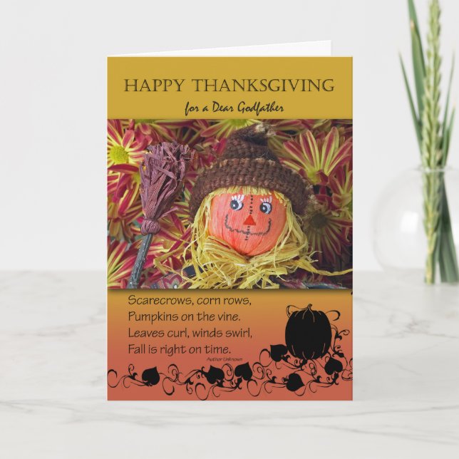 Thanksgiving for Godfather, Cute Scarecrow Holiday Card (Front)