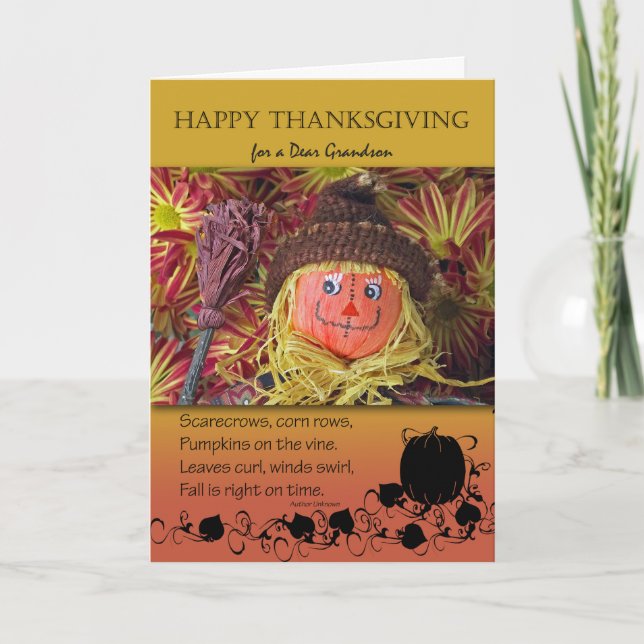 Thanksgiving for Grandson, Cute Scarecrow Holiday Card (Front)