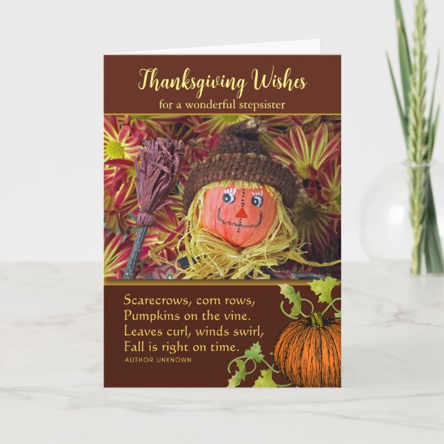 Thanksgiving for Stepsister Cute Harvest Scarecrow Holiday Card (Front)