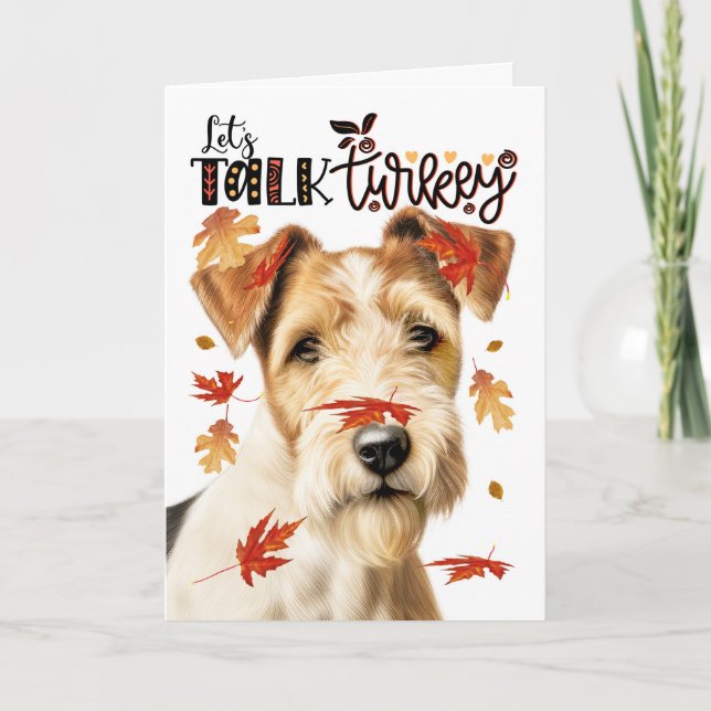 Thanksgiving Fox Terrier Dog Let's Talk Turkey Holiday Card (Front)