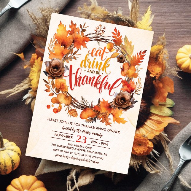Thanksgiving Friendsgiving Eat Drink & Be Thankful Invitation (Creator Uploaded)
