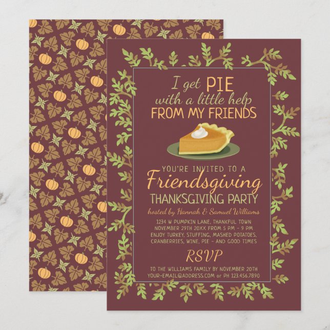 Thanksgiving Friendsgiving Party Pumpkin Pie Humou Invitation (Front/Back)