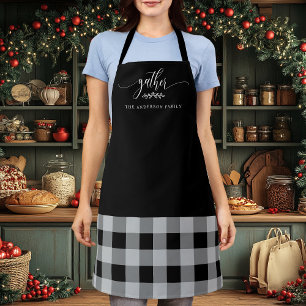 Thanksgiving Gather Fall Black & White Plaid Apron