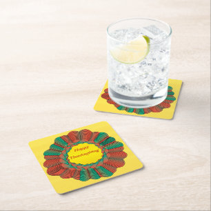 Thanksgiving Geometric Orange Green Gold Circular Square Paper Coaster