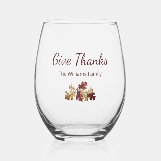 Thanksgiving Give Thanks Fall Foliage Family Name Stemless Wine Glass (Front)