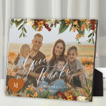 Thanksgiving give thanks family photo modern  plaque<br><div class="desc">Create your own custom family photo Thanksgiving personalised autumn fall floral botanical decorative keepsake plaque with your family name,  heart monogram initial,  and text.             Easy to personalise with your custom image and name. It can be a nice thoughtful keepsake gift for a family on Thanksgiving or family anniversary, </div>