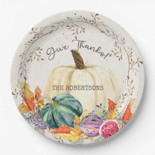 Thanksgiving Give Thanks Pumpkin Harvest Leaves Paper Plate