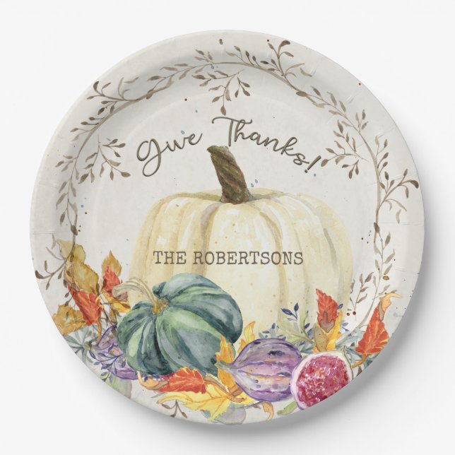 Thanksgiving Give Thanks Pumpkin Harvest Leaves Paper Plate (Front)