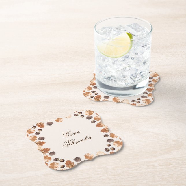 Thanksgiving Give Thanks Quote Brown Leaves Conker Paper Coaster (Insitu)
