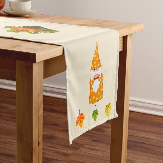 Thanksgiving Gnome and Fall Leaves on Beige Short Table Runner (In Situ)