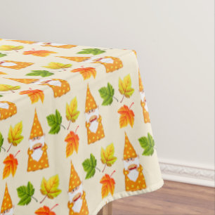 Thanksgiving Gnome and Fall Leaves on Beige Tablecloth